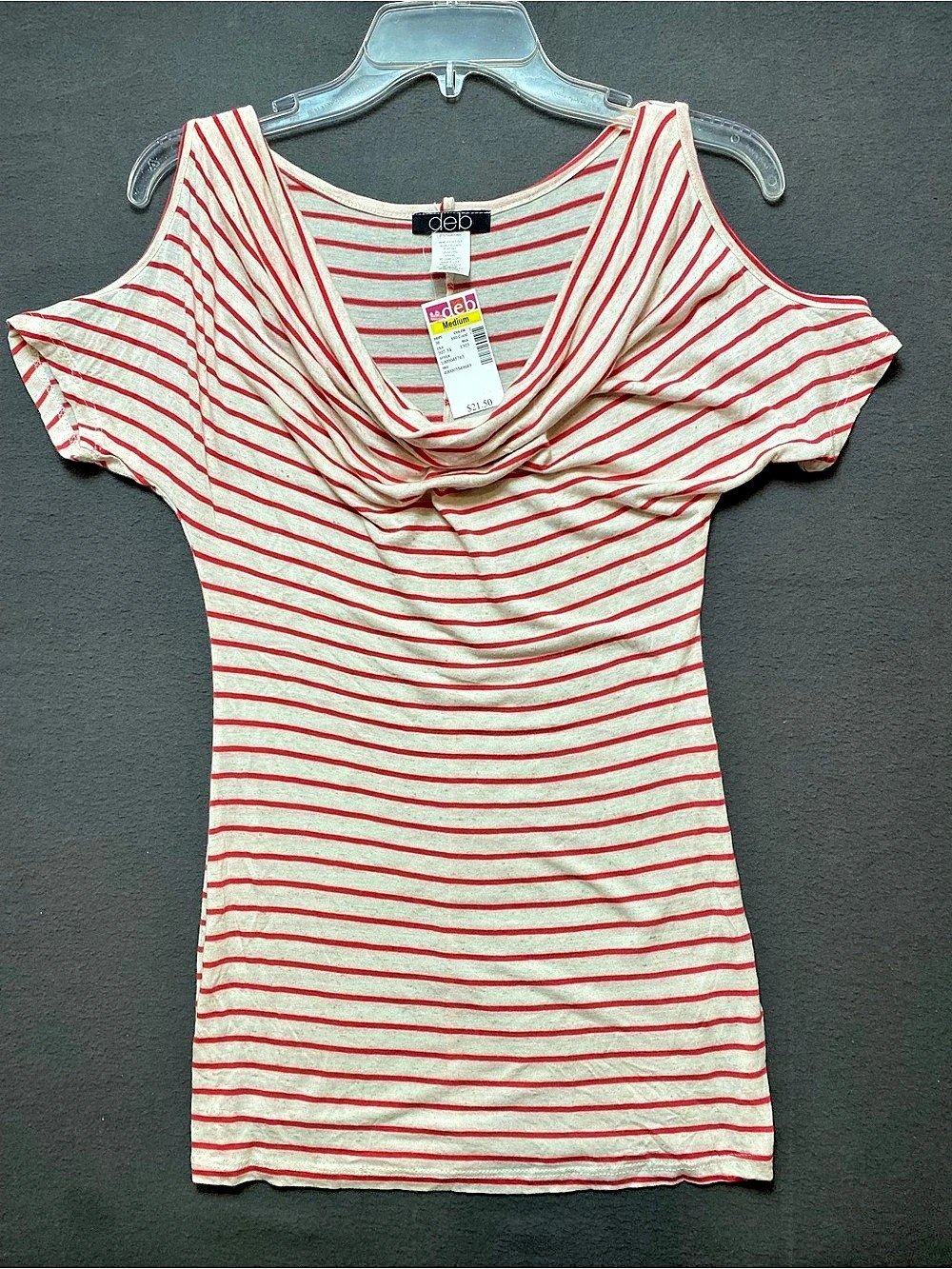 deb Striped Cowl Neck Rayon Tee in Red & Cream Size Medium NWT - Picture 1 of 8